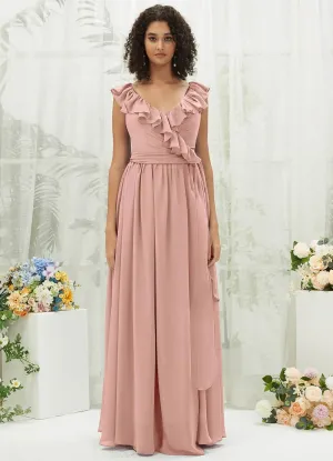Dusty Pink Chiffon Ruffle Cross Straps V-Neck Wrap Bridesmaid Dress