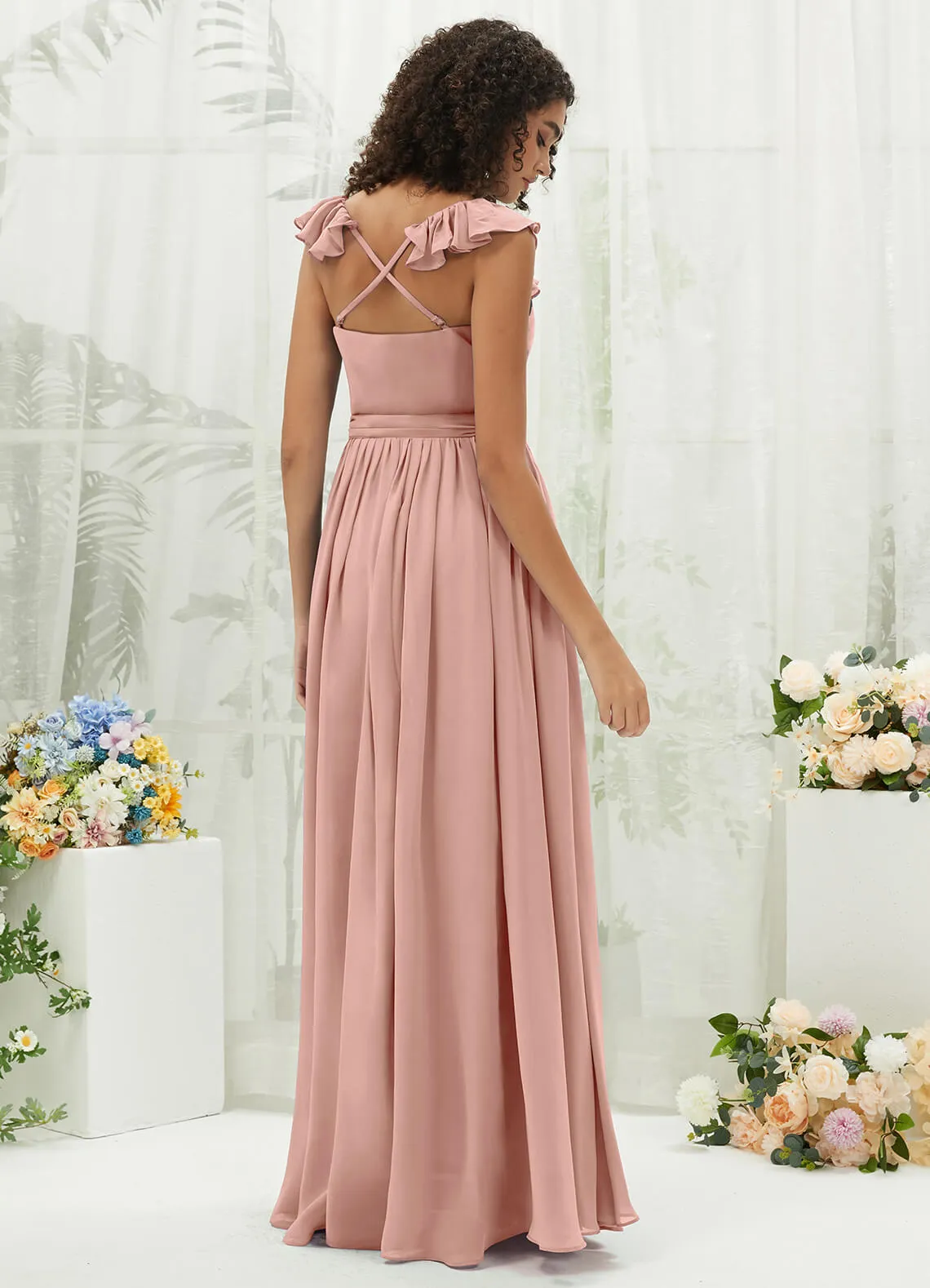 Dusty Pink Chiffon Ruffle Cross Straps V-Neck Wrap Bridesmaid Dress