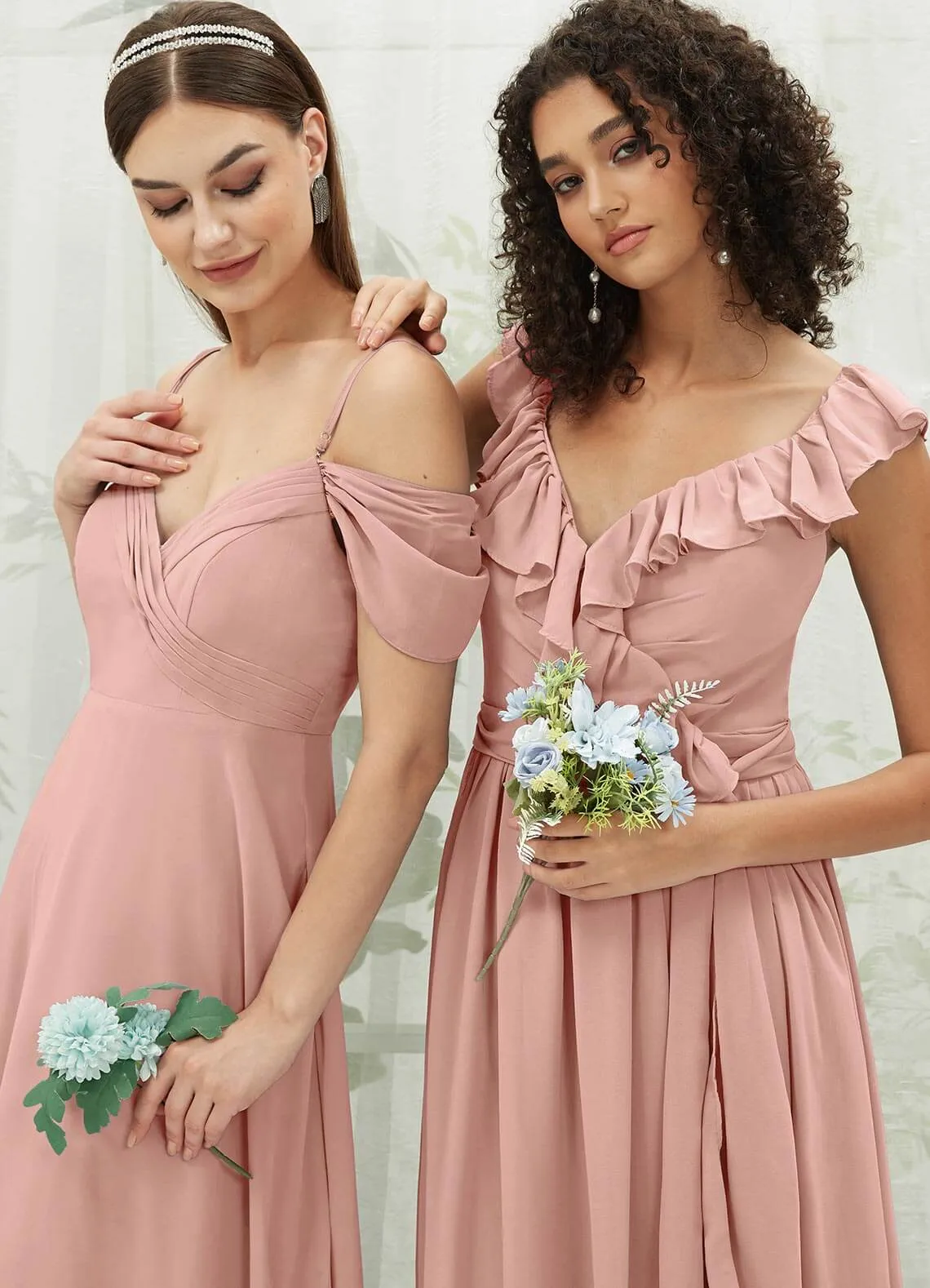 Dusty Pink Chiffon Ruffle Cross Straps V-Neck Wrap Bridesmaid Dress