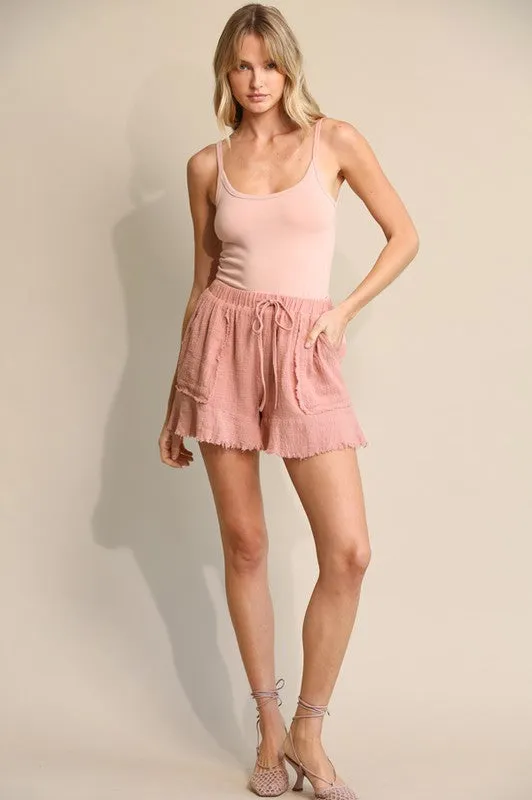 Dusty Rose Raw Edge Hem and Patch Pockets Shorts