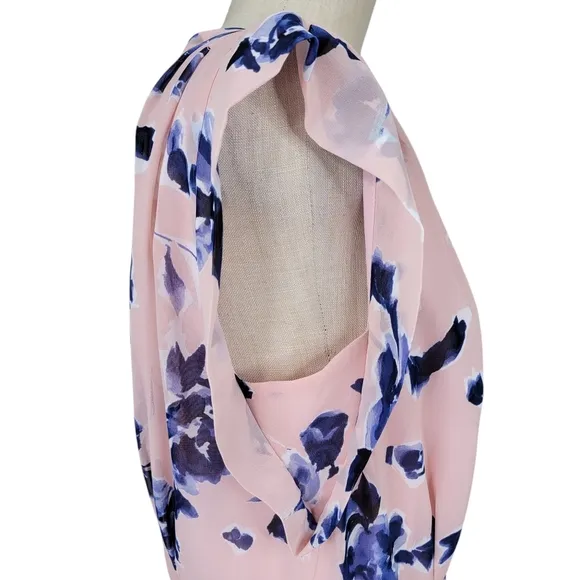 Eliza J Faux Wrap Maxi Dress Size 14 Pink Navy High Low Chiffon Flutter Sleeves