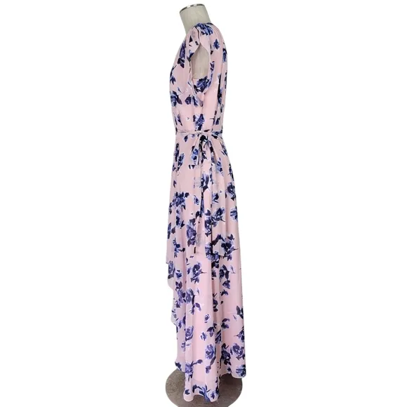 Eliza J Faux Wrap Maxi Dress Size 14 Pink Navy High Low Chiffon Flutter Sleeves