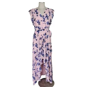 Eliza J Faux Wrap Maxi Dress Size 14 Pink Navy High Low Chiffon Flutter Sleeves