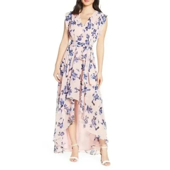 Eliza J Faux Wrap Maxi Dress Size 14 Pink Navy High Low Chiffon Flutter Sleeves