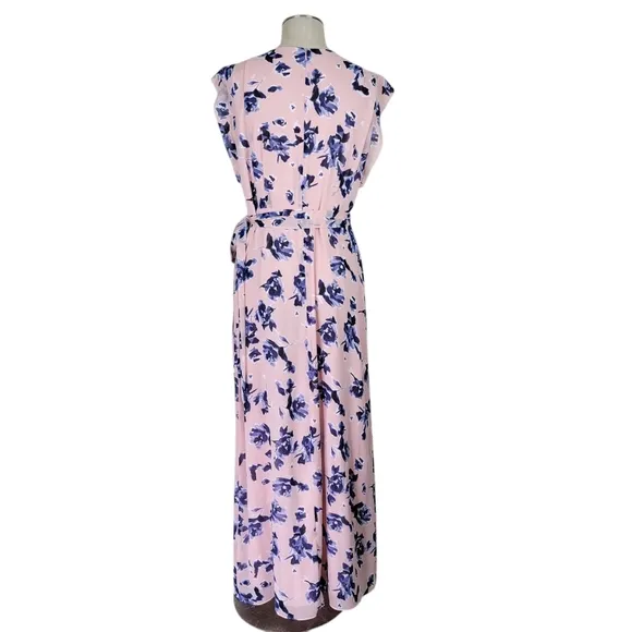Eliza J Faux Wrap Maxi Dress Size 14 Pink Navy High Low Chiffon Flutter Sleeves