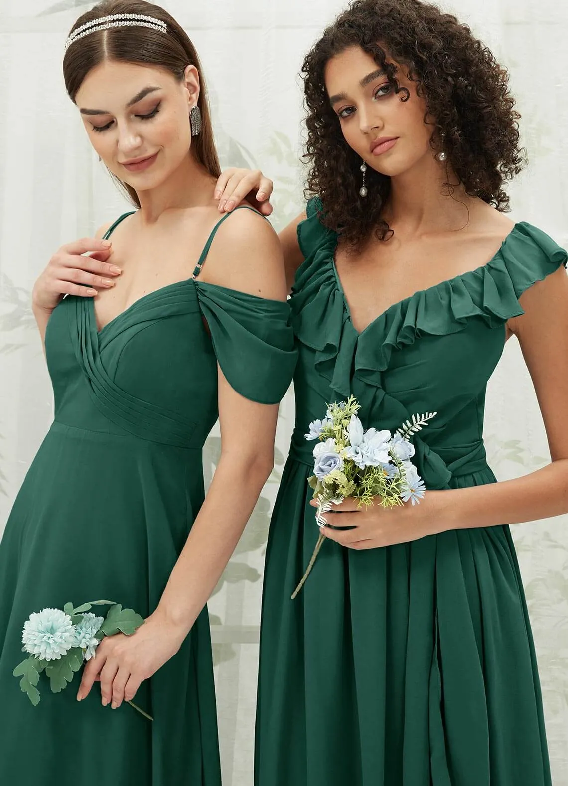 Emerald Green Chiffon Ruffle Cross Straps V-Neck Wrap Bridesmaid Dress