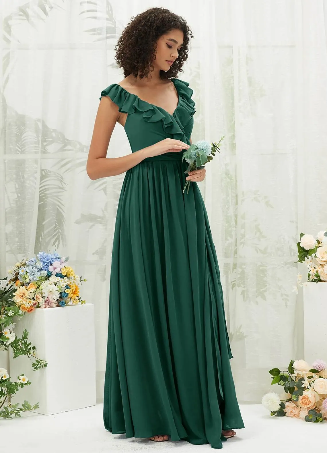 Emerald Green Chiffon Ruffle Cross Straps V-Neck Wrap Bridesmaid Dress