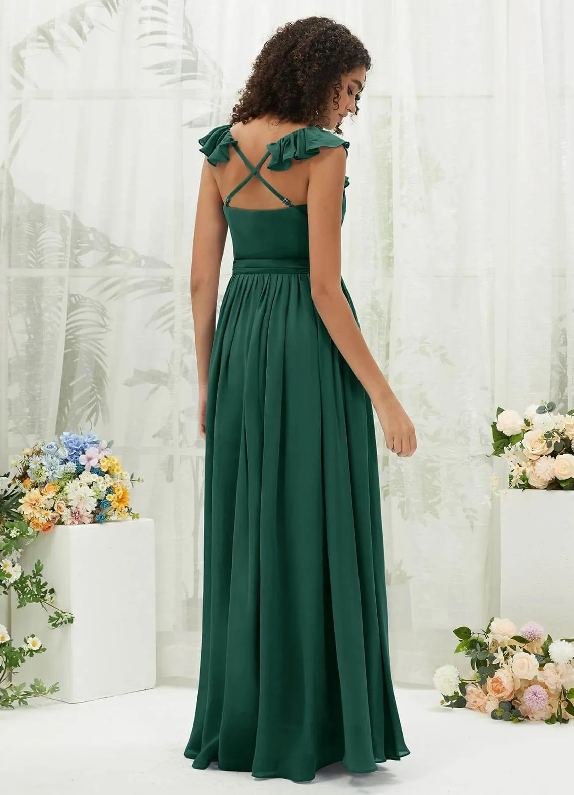 Emerald Green Chiffon Ruffle Cross Straps V-Neck Wrap Bridesmaid Dress