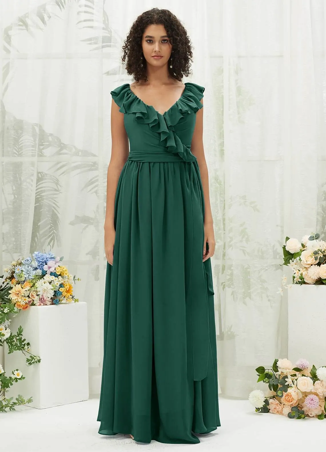 Emerald Green Chiffon Ruffle Cross Straps V-Neck Wrap Bridesmaid Dress