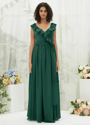 Emerald Green Chiffon Ruffle Cross Straps V-Neck Wrap Bridesmaid Dress