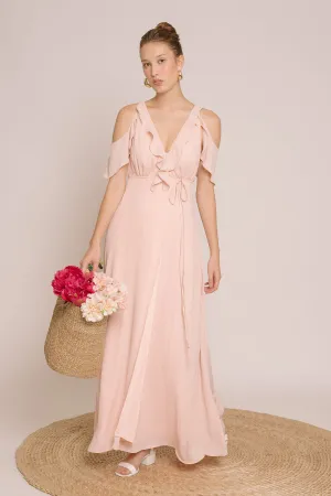 ESPERANZA V Ruffle Front Maxi Dress with Wrap Skirt and Off Shoulder  (Blush Pink Georgette)