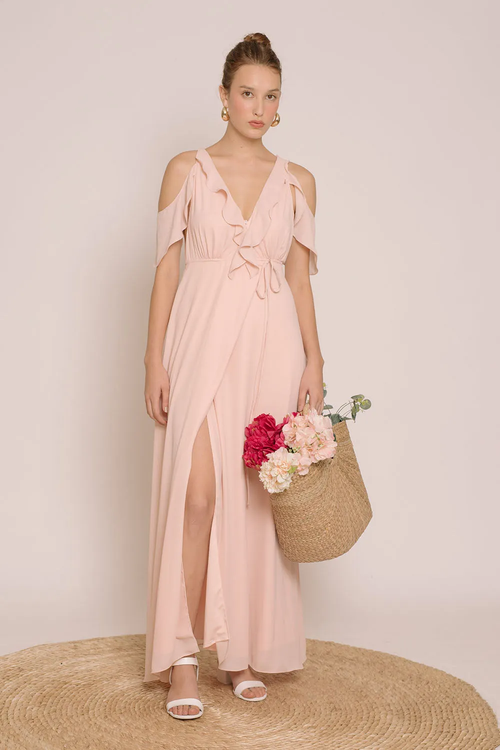 ESPERANZA V Ruffle Front Maxi Dress with Wrap Skirt and Off Shoulder  (Blush Pink Georgette)