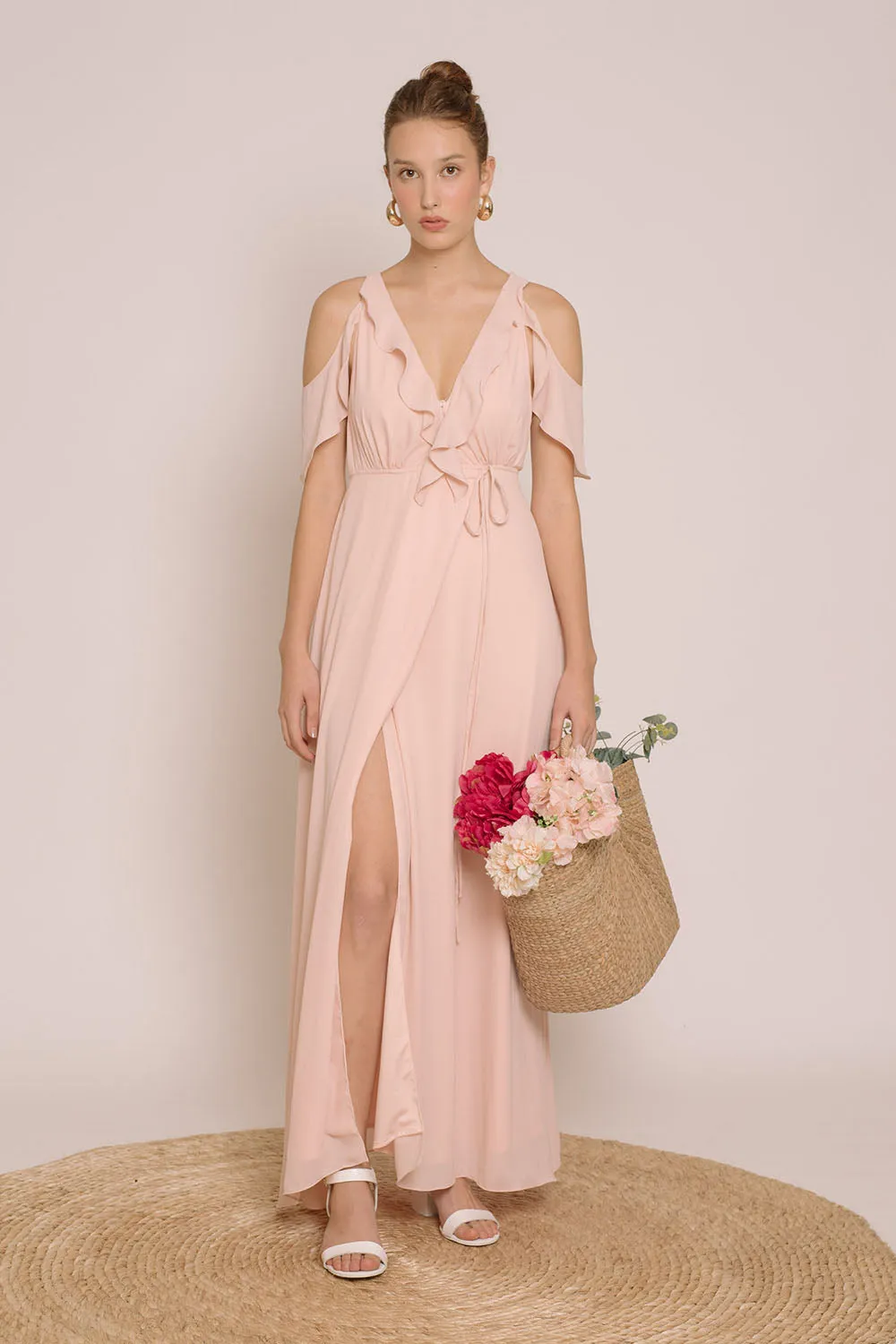 ESPERANZA V Ruffle Front Maxi Dress with Wrap Skirt and Off Shoulder  (Blush Pink Georgette)