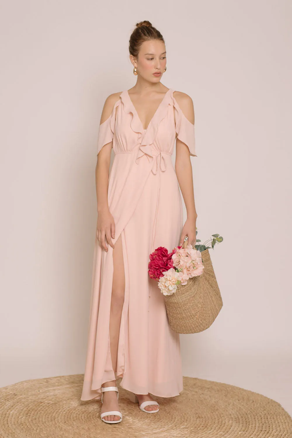 ESPERANZA V Ruffle Front Maxi Dress with Wrap Skirt and Off Shoulder  (Blush Pink Georgette)