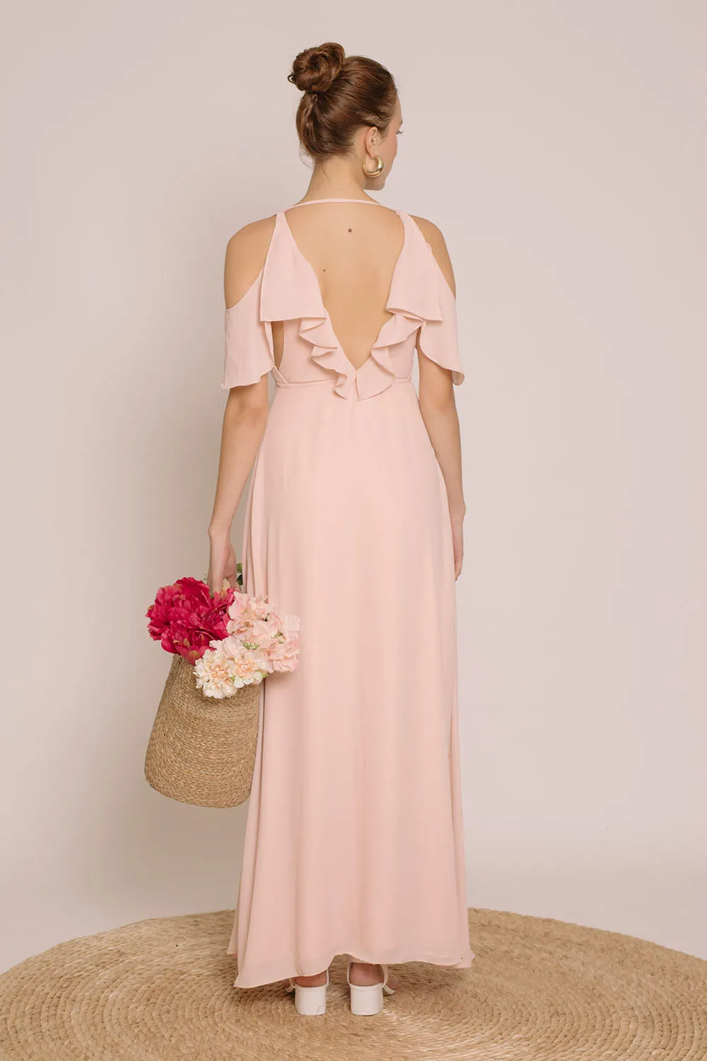 ESPERANZA V Ruffle Front Maxi Dress with Wrap Skirt and Off Shoulder  (Blush Pink Georgette)