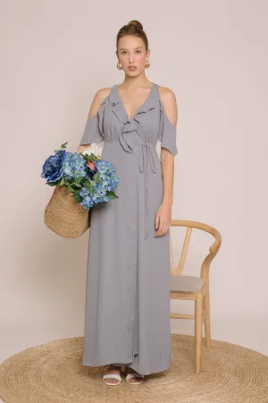 ESPERANZA V Ruffle Front Maxi Dress with Wrap Skirt and Off Shoulder (Gray Georgette)