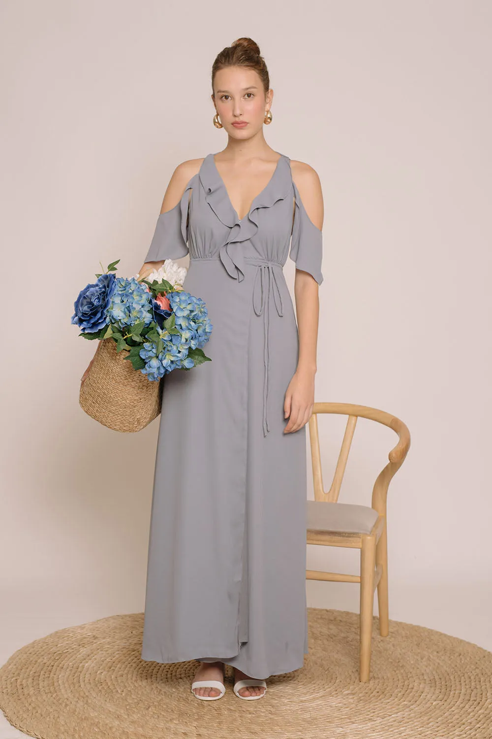 ESPERANZA V Ruffle Front Maxi Dress with Wrap Skirt and Off Shoulder (Gray Georgette)