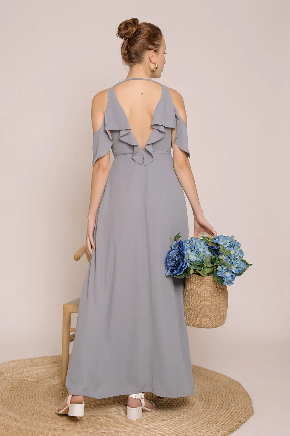 ESPERANZA V Ruffle Front Maxi Dress with Wrap Skirt and Off Shoulder (Gray Georgette)