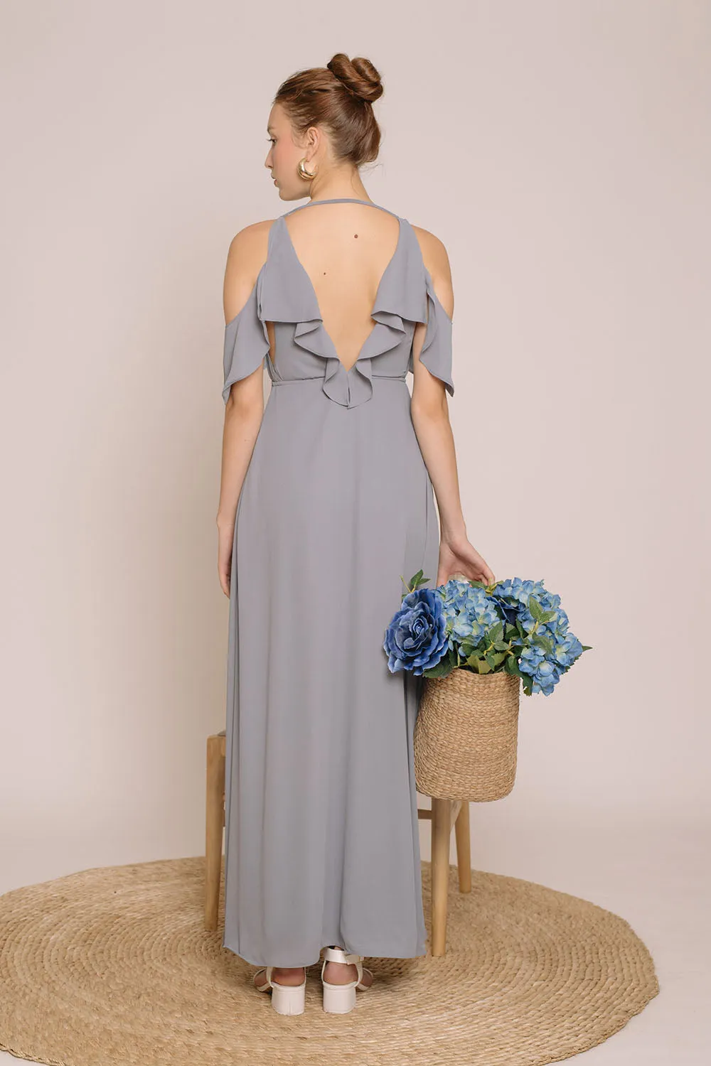 ESPERANZA V Ruffle Front Maxi Dress with Wrap Skirt and Off Shoulder (Gray Georgette)