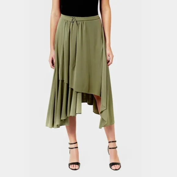 Ever New Melbourne flowy khaki green skirt below knee high low faux wrap US 4