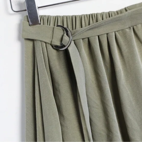 Ever New Melbourne flowy khaki green skirt below knee high low faux wrap US 4