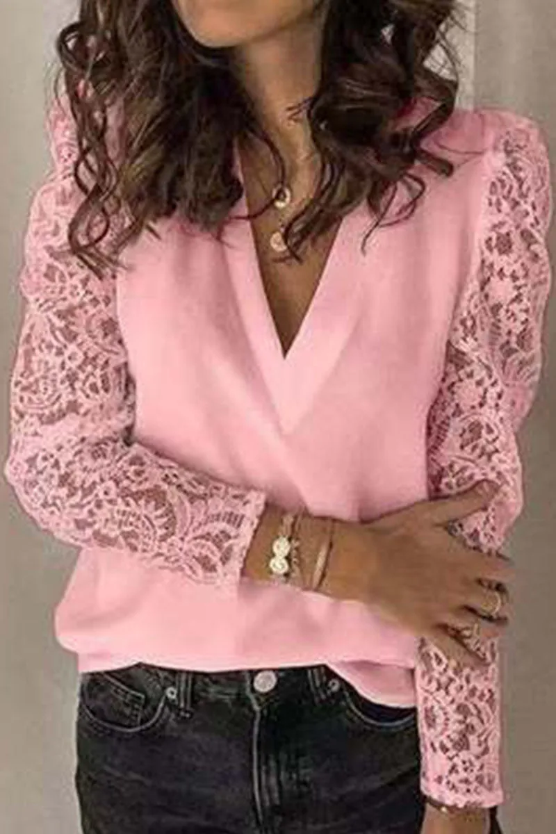 Fashion Street Solid Patchwork V Neck Tops