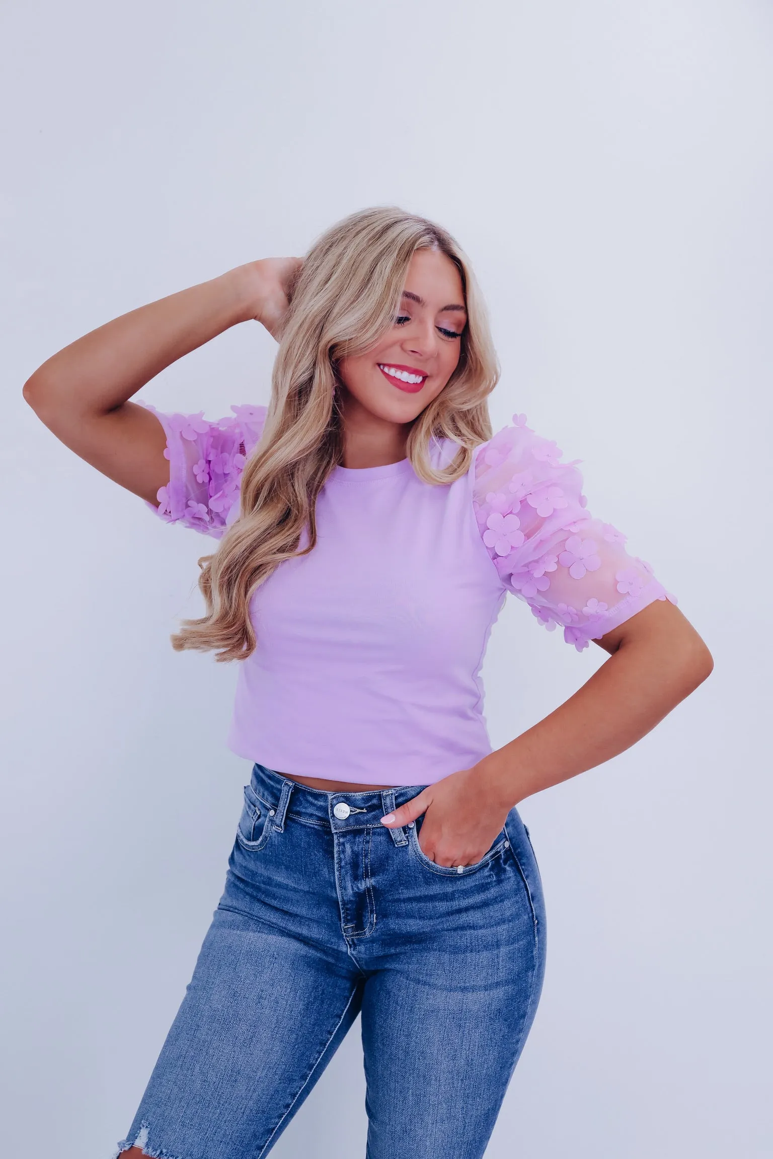 Fiori Sheer Mesh Sleeve Top - Lavender
