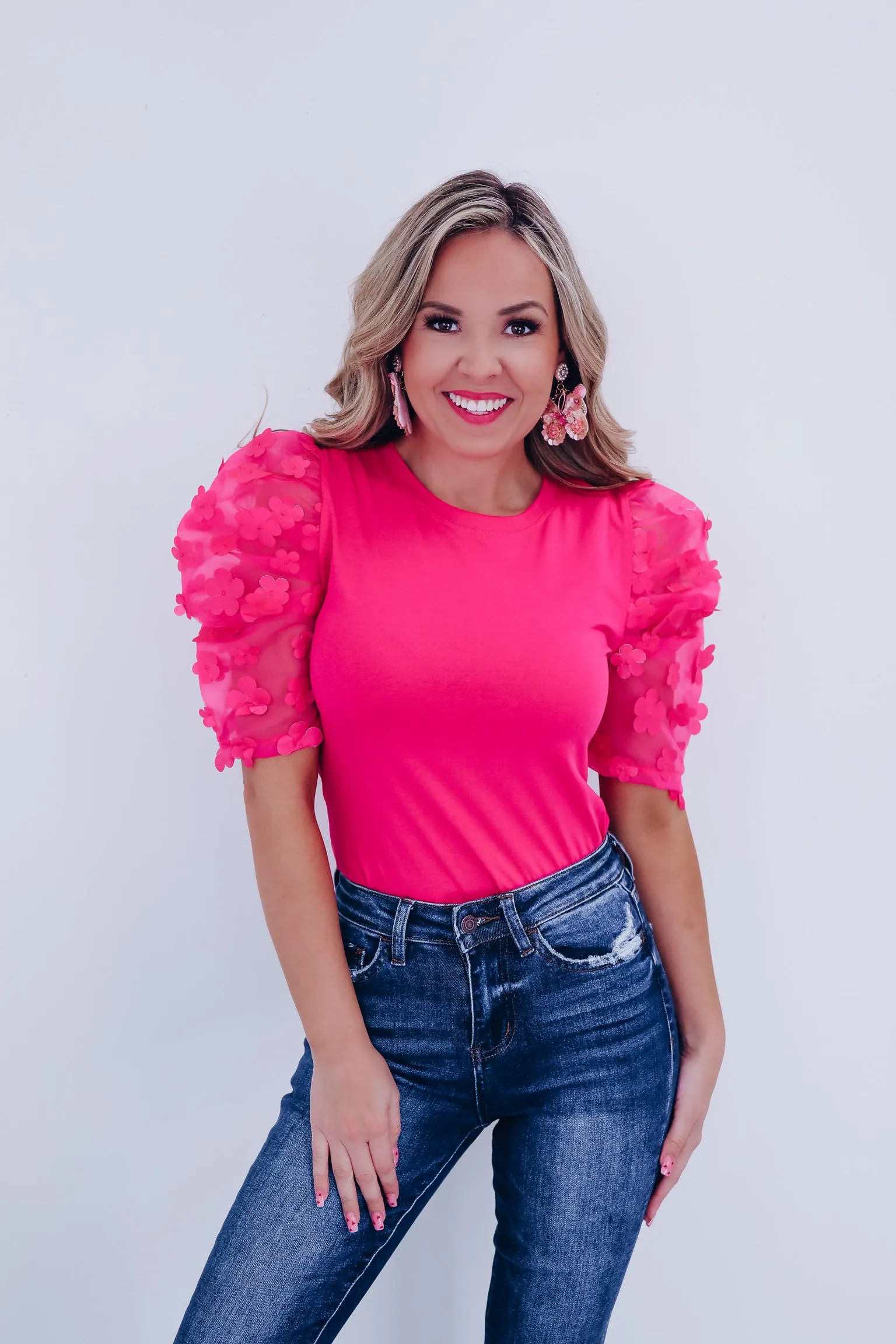 Fiori Sheer Mesh Sleeve Top - Pink