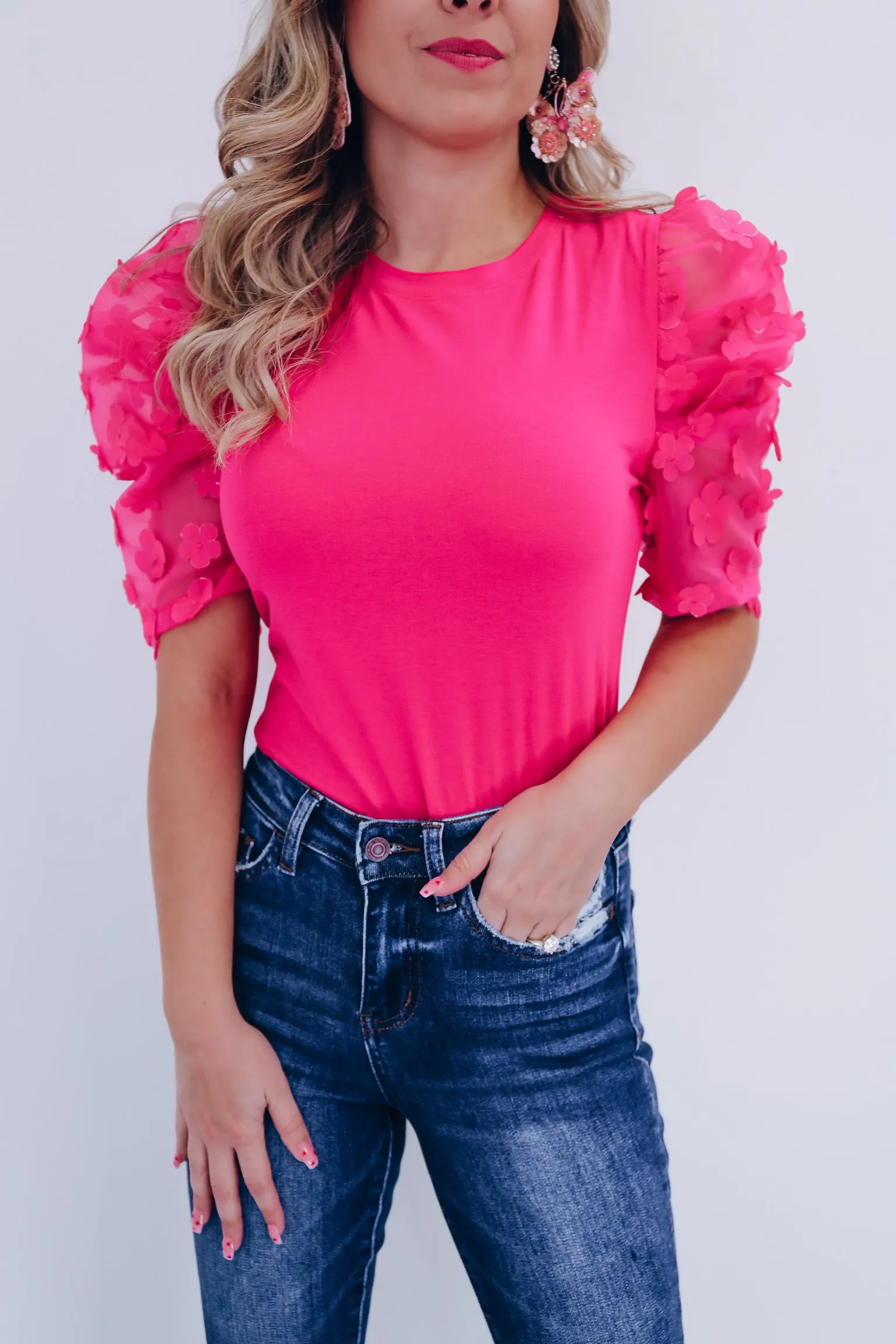 Fiori Sheer Mesh Sleeve Top - Pink