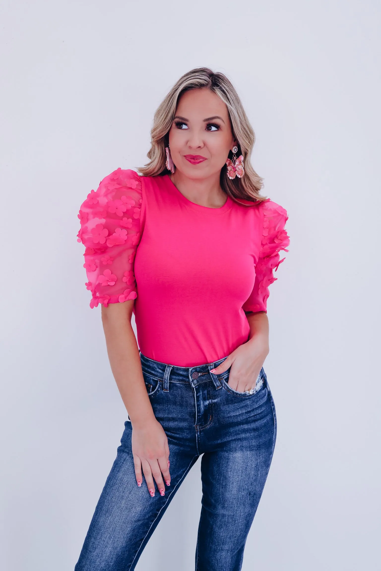 Fiori Sheer Mesh Sleeve Top - Pink