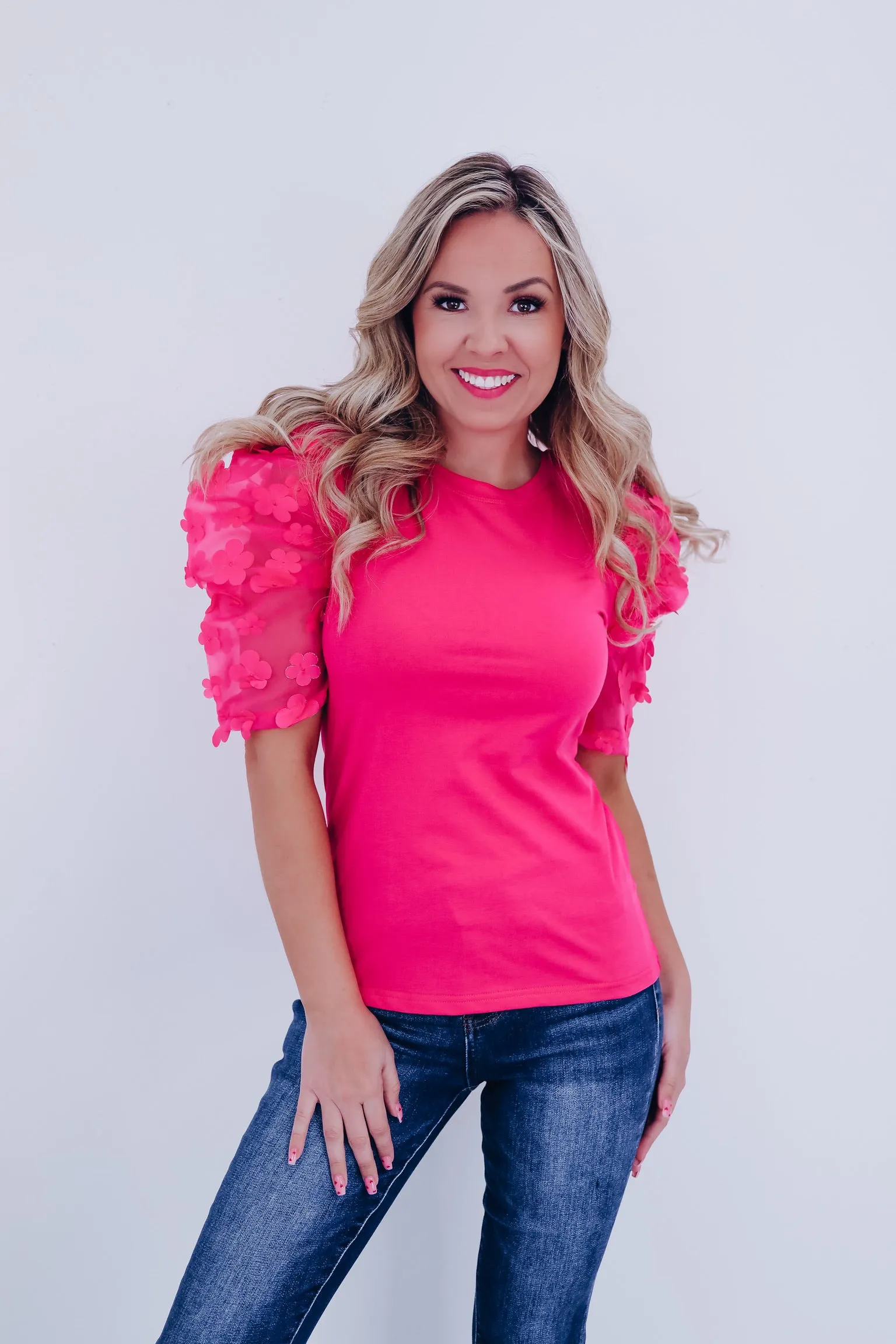 Fiori Sheer Mesh Sleeve Top - Pink