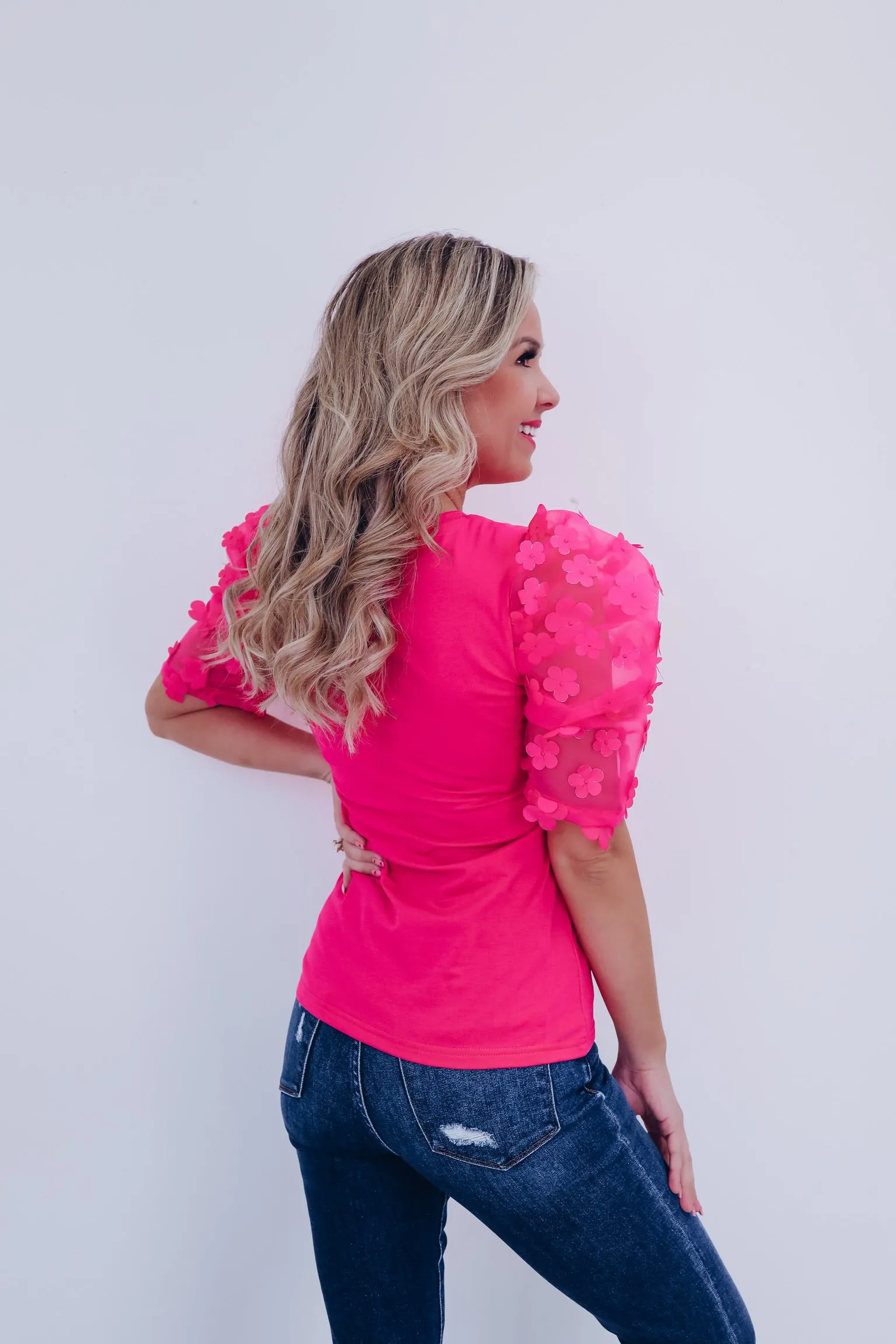 Fiori Sheer Mesh Sleeve Top - Pink