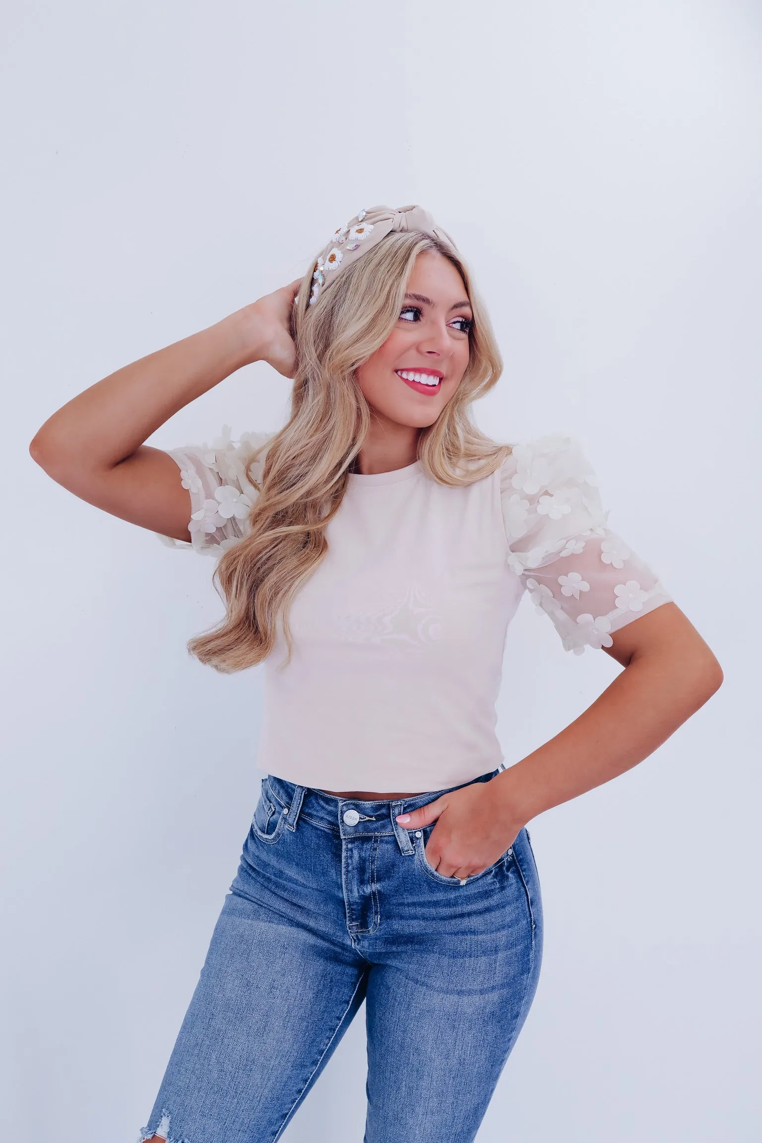 Fiori Sheer Mesh Sleeve Top - Sand