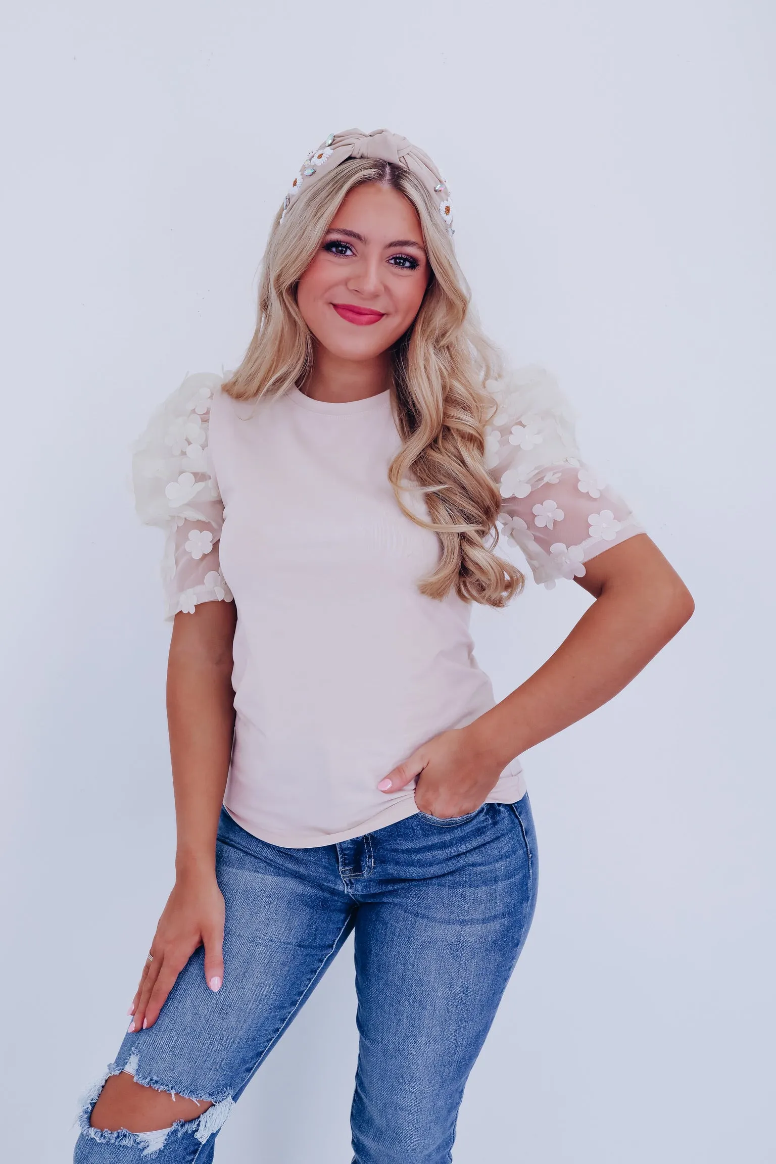 Fiori Sheer Mesh Sleeve Top - Sand