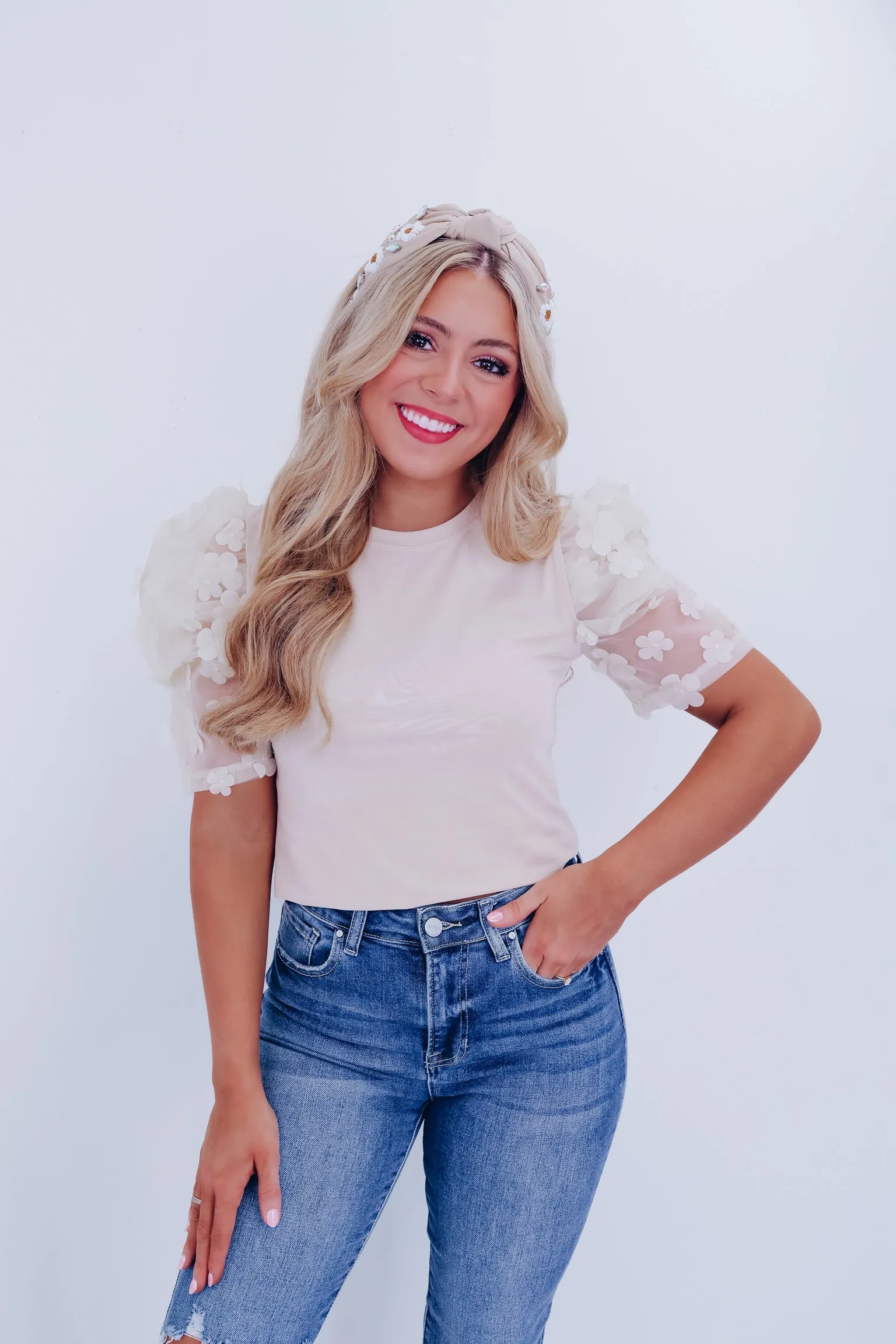 Fiori Sheer Mesh Sleeve Top - Sand