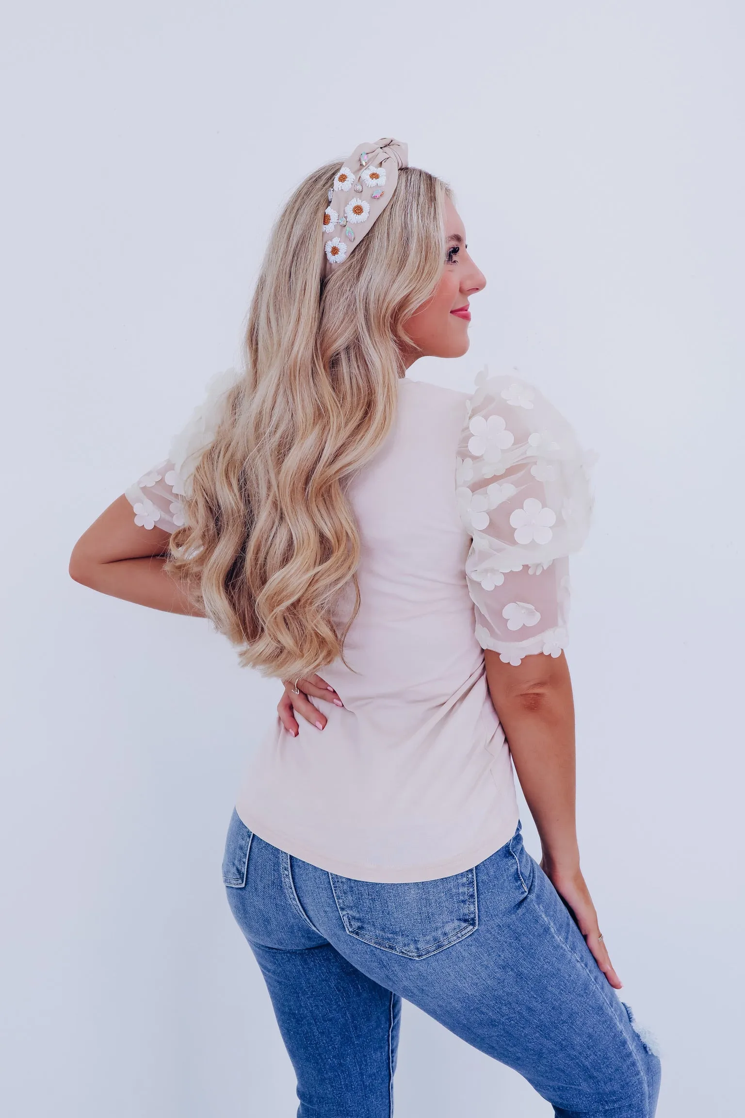 Fiori Sheer Mesh Sleeve Top - Sand