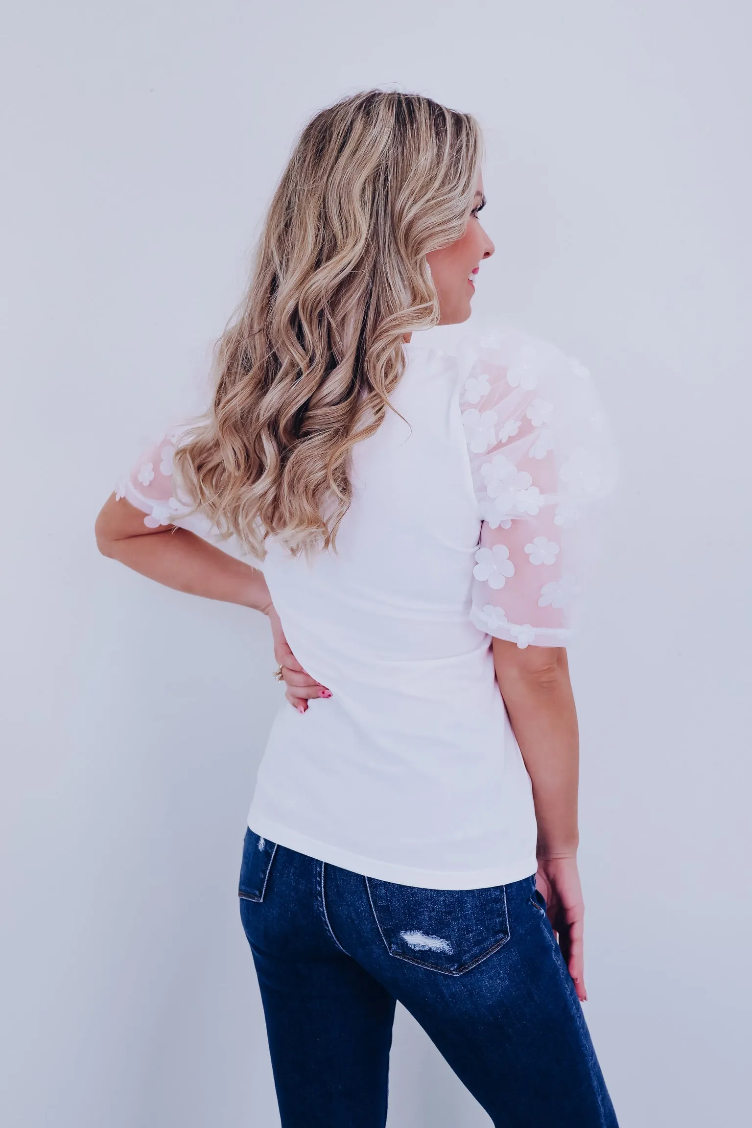 Fiori Sheer Mesh Sleeve Top - White
