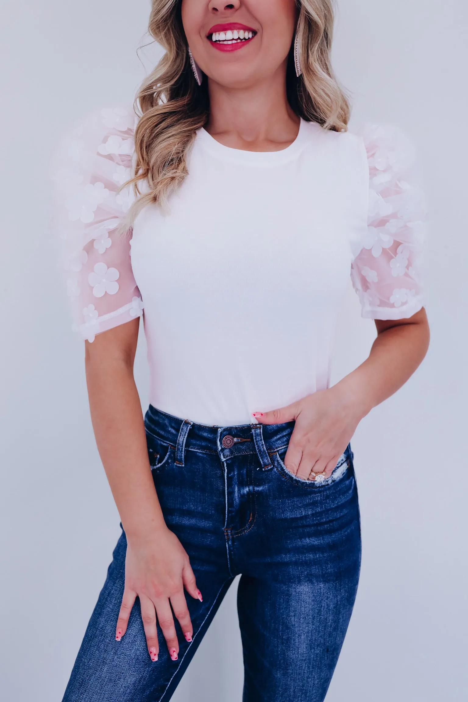 Fiori Sheer Mesh Sleeve Top - White
