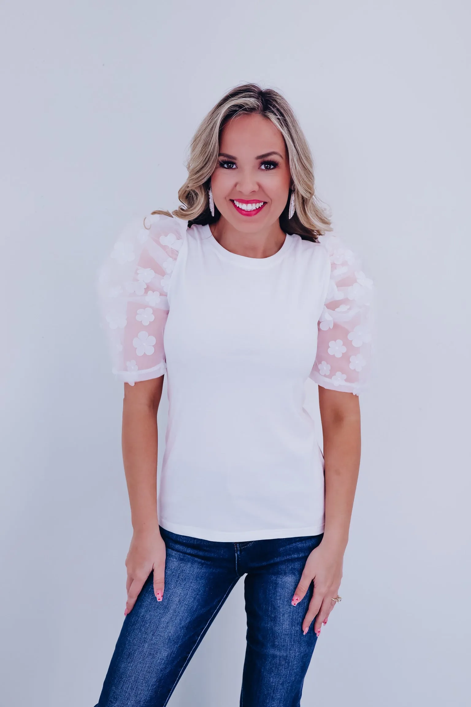 Fiori Sheer Mesh Sleeve Top - White
