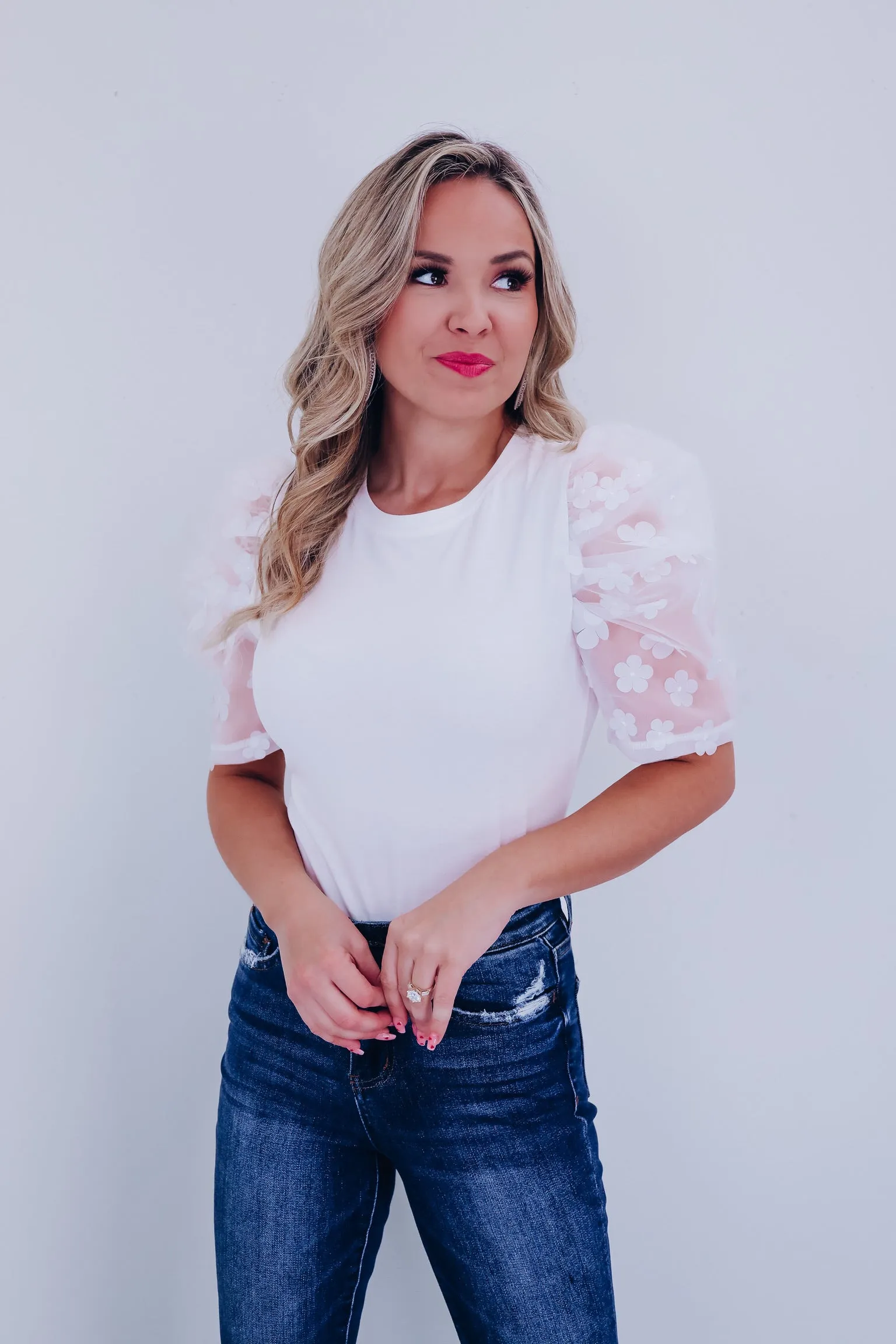 Fiori Sheer Mesh Sleeve Top - White