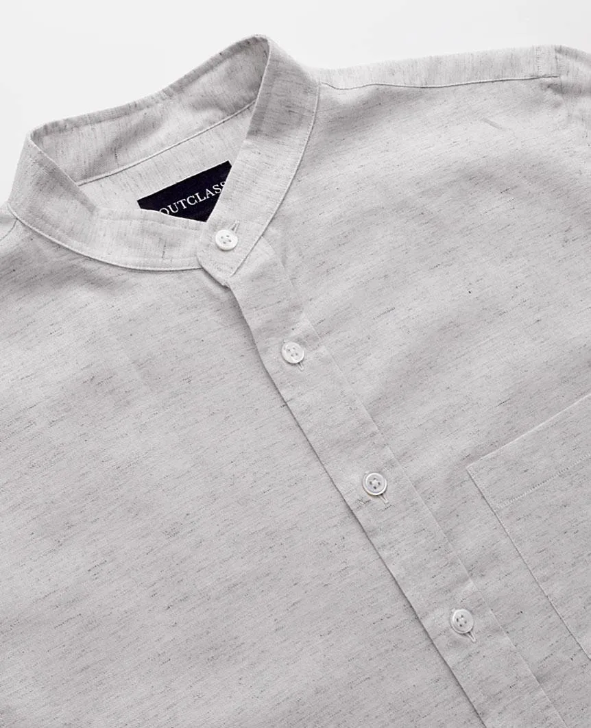 Flecked Band Collar Off-White  L/S Shirt