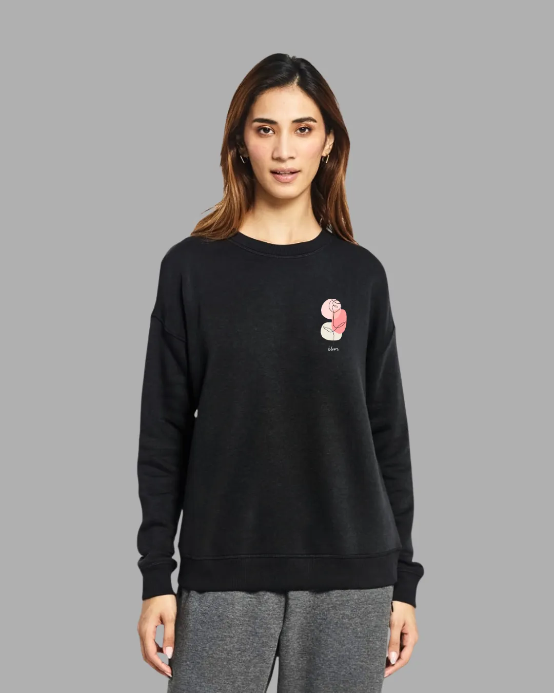 FLEECE LONG SLEEVE SWEATSHIRT-BLACK - Bloom flower print