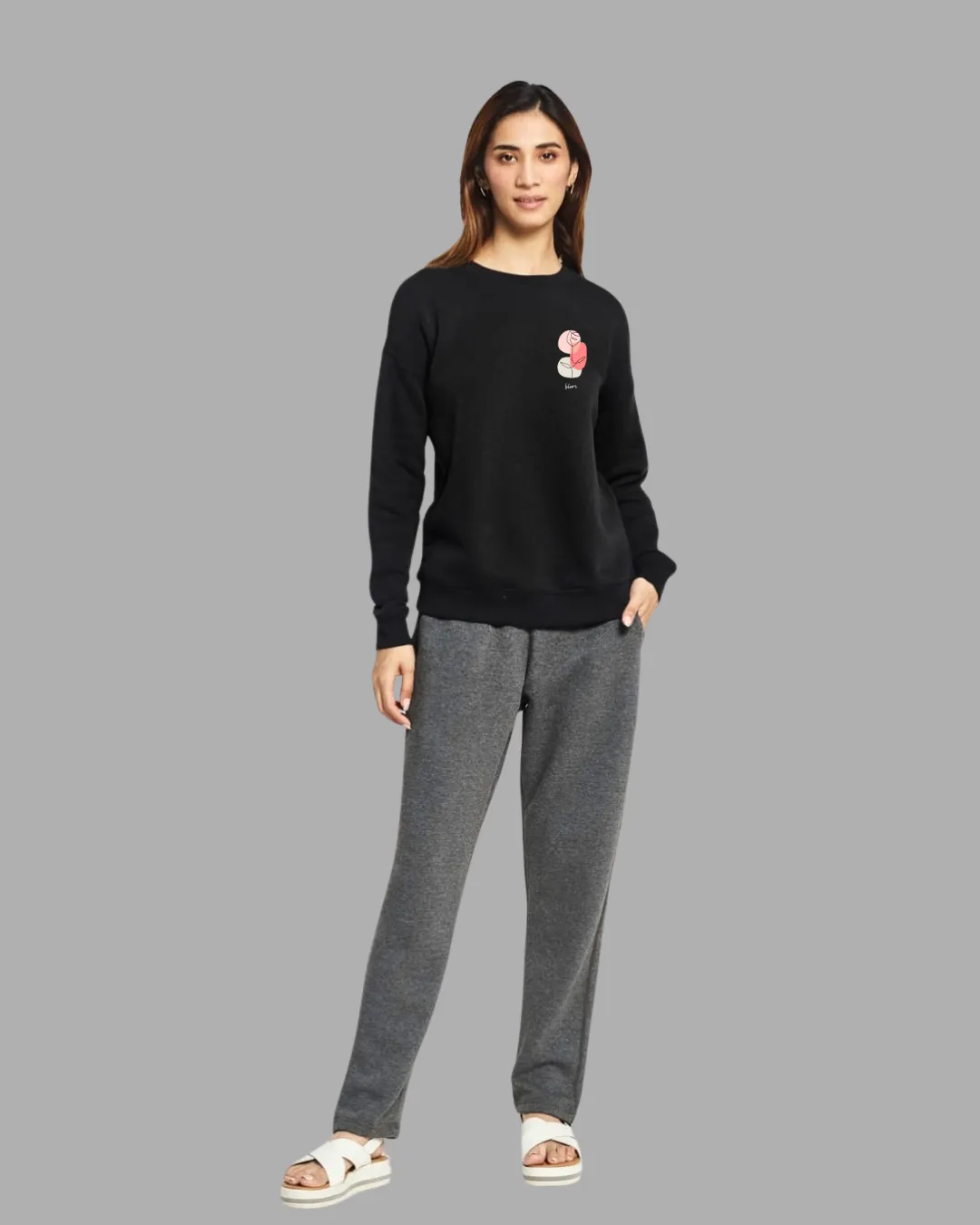 FLEECE LONG SLEEVE SWEATSHIRT-BLACK - Bloom flower print