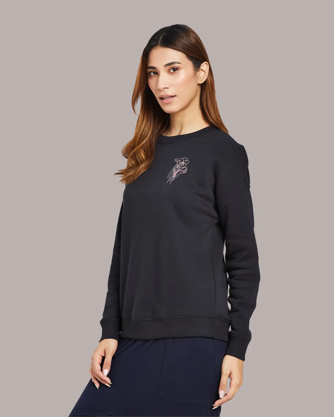 FLEECE LONG SLEEVE SWEATSHIRT - FLOWER PRINT