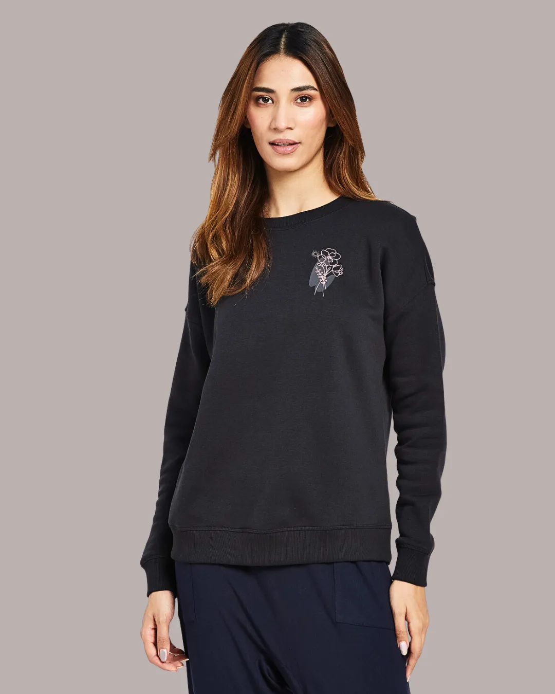FLEECE LONG SLEEVE SWEATSHIRT - FLOWER PRINT