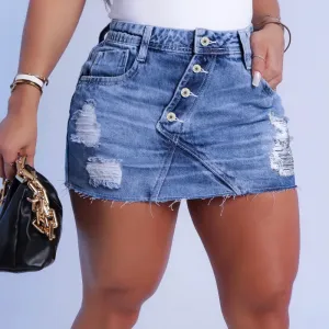 Flirty Fray Button-Up Distressed Denim Mini Skirt