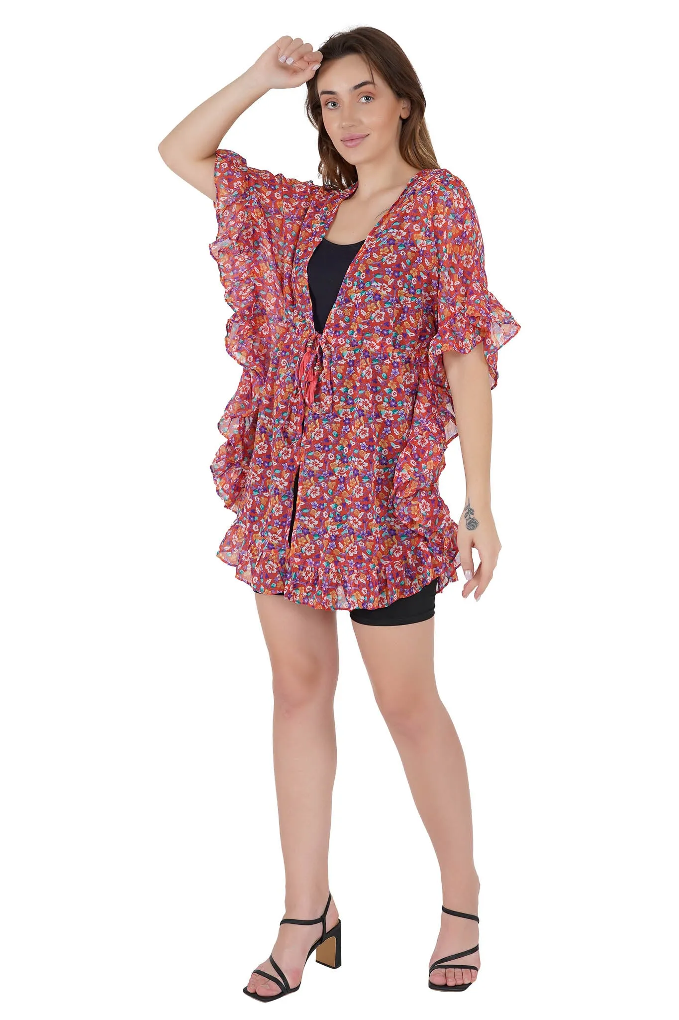 Floral Red Kaftan Swim Cover-Up Beach Dress