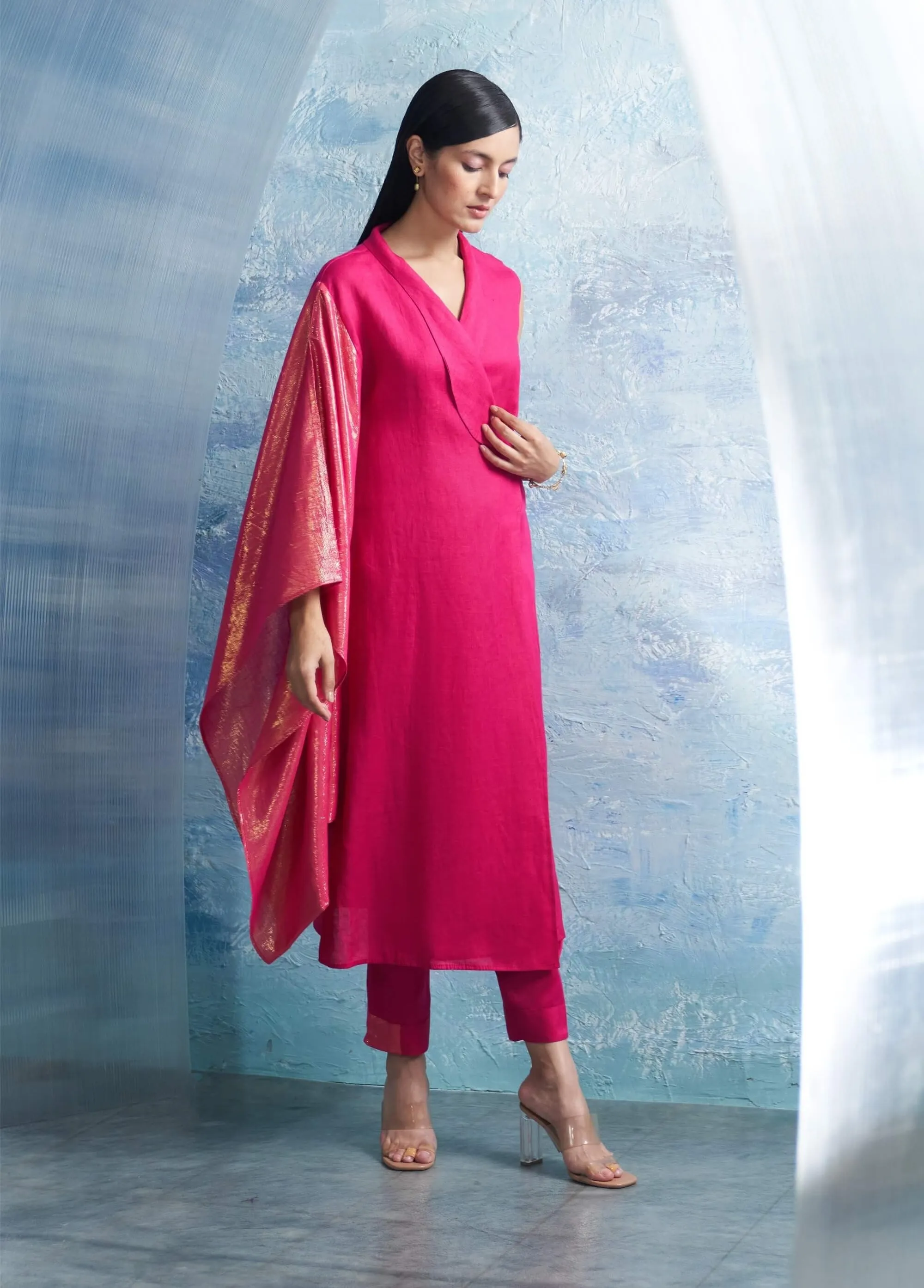 Fuchsia pink wrap kurta and pants