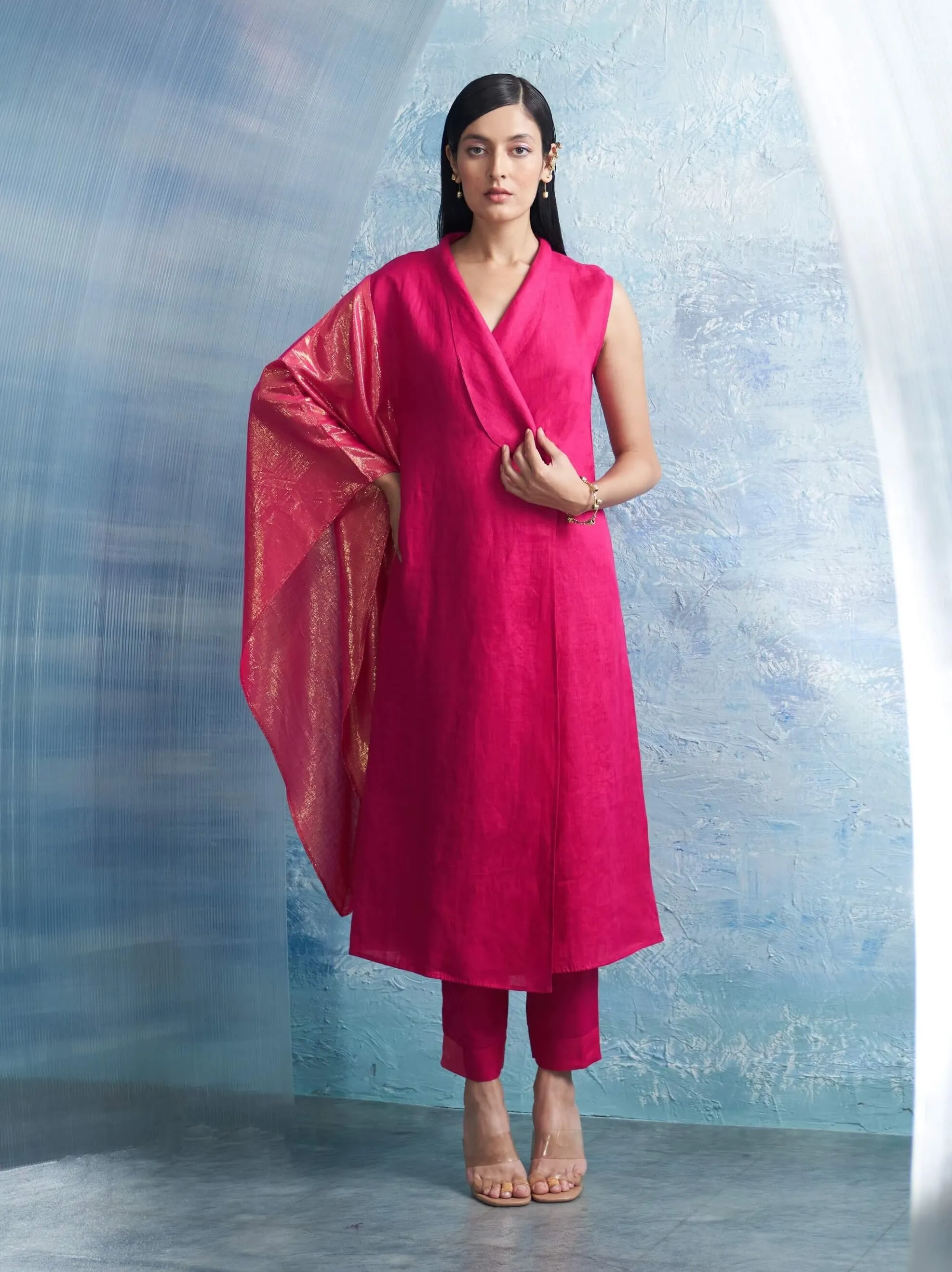 Fuchsia pink wrap kurta and pants