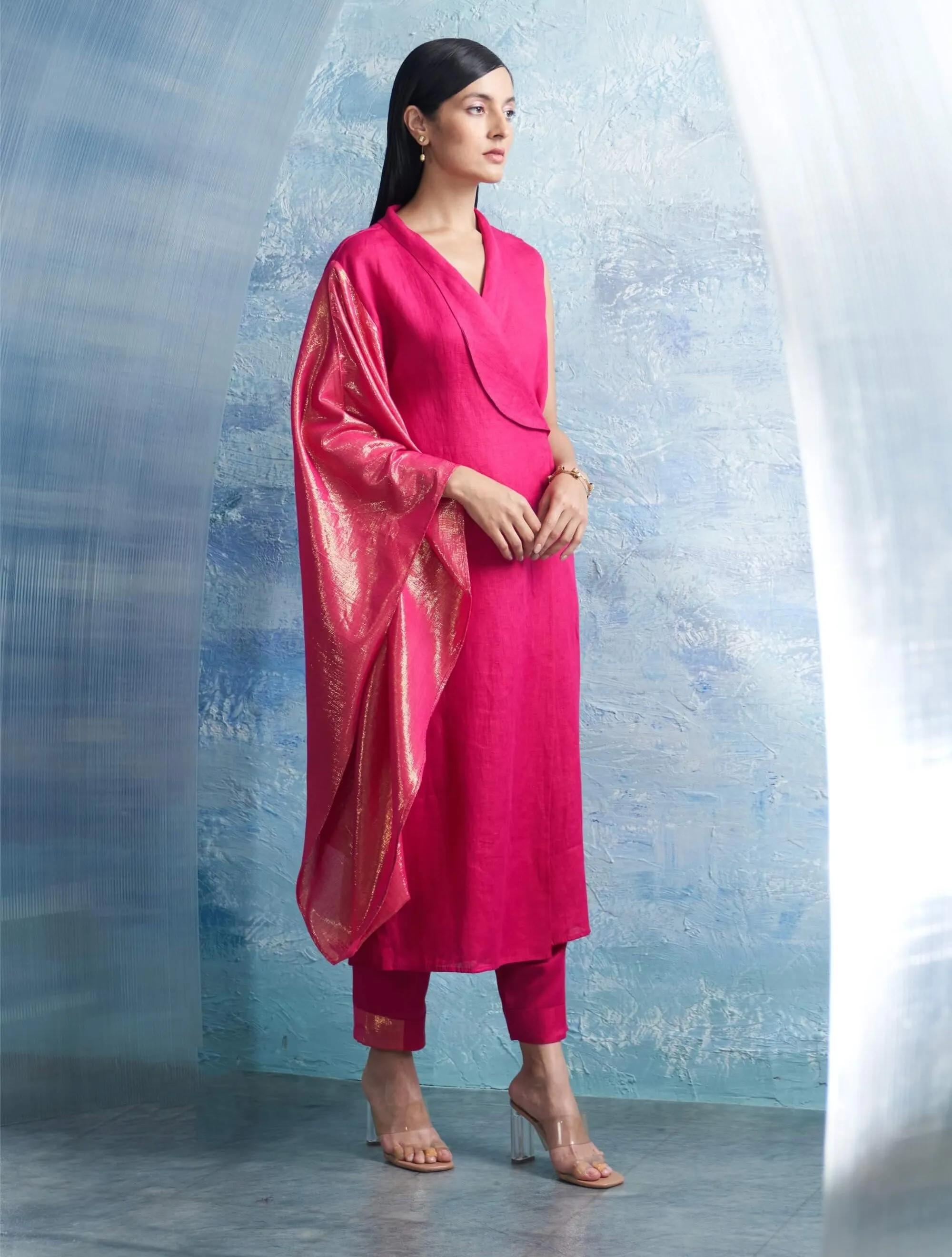 Fuchsia pink wrap kurta and pants